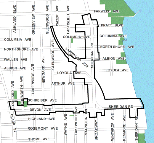 Devon/Sheridan TIF district, roughly bounded on the north by Farwell Avenue, Rosemont Avenue on the south, Sheridan Road and the Lakefront on the east, and Clark Street on the west.